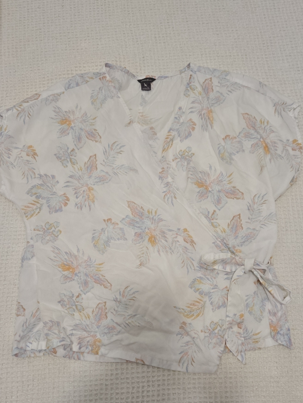 Eddie Bauer White Wrap Blouse with Pastel Tropical Print